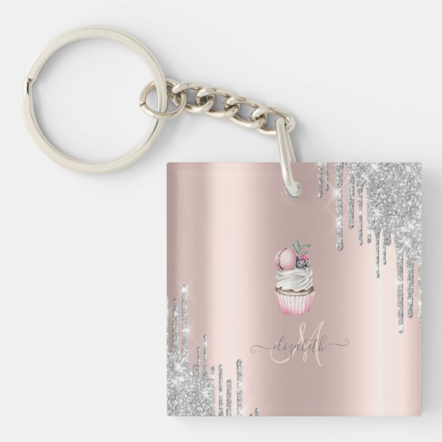 Silver Glitter Drips Rose Gold Monogram Cupcake Keychain (Front)