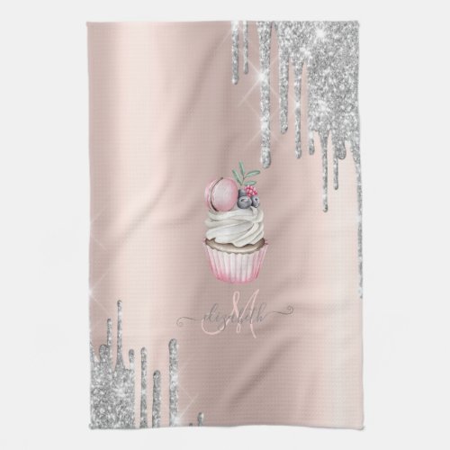 Silver Glitter Drips Rose Gold Monogram Cupcake  Kitchen Towel