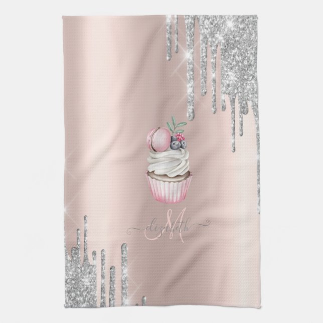Silver Glitter Drips Rose Gold Monogram Cupcake  Kitchen Towel (Vertical)