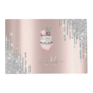 Silver Glitter Drips Rose Gold Monogram Cupcake Placemat