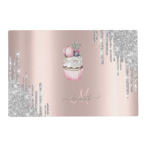 Silver Glitter Drips Rose Gold Monogram Cupcake  Placemat