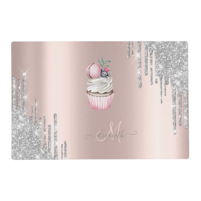 Silver Glitter Drips Rose Gold Monogram Cupcake  Placemat (Front)