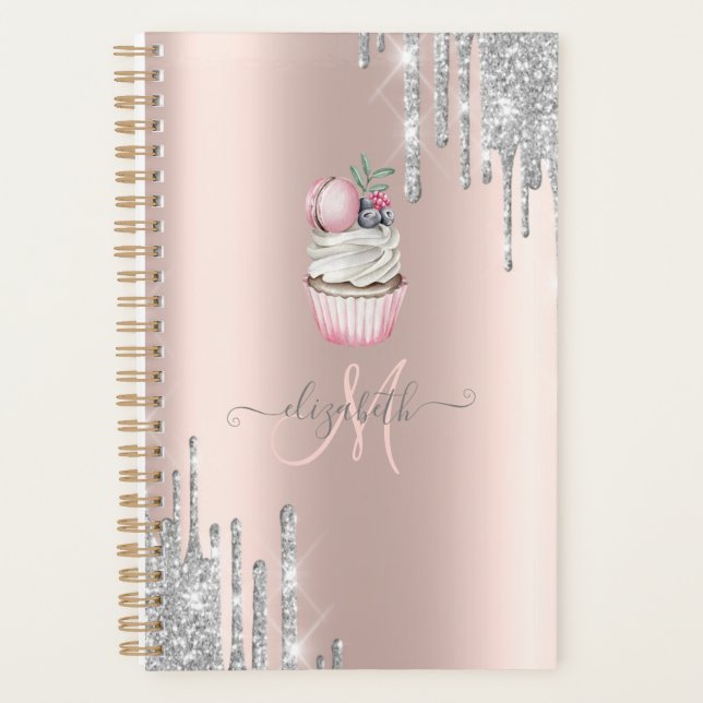 Silver Glitter Drips Rose Gold Monogram Cupcake   Planner (Front)