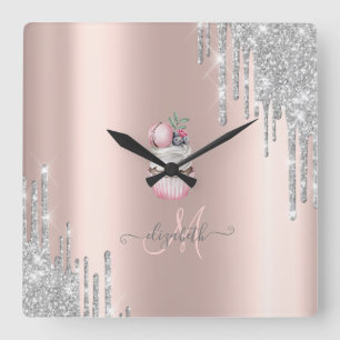 Silver Glitter Drips Rose Gold Monogram Cupcake Square Wall Clock