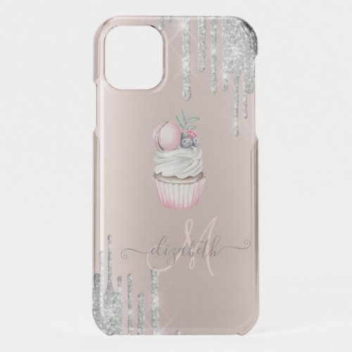 Silver Glitter Drips Rose Gold Monogram Cupcake   iPhone 11 Case