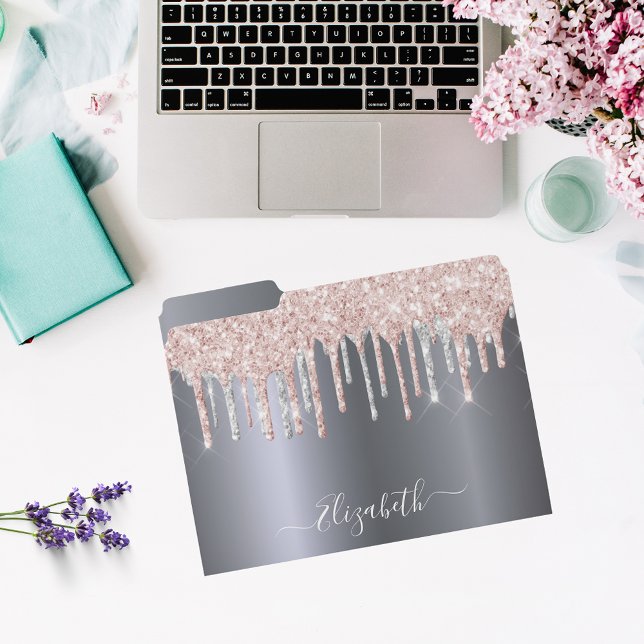 Silver glitter drips rose gold monogram school file folder (Creator Uploaded)