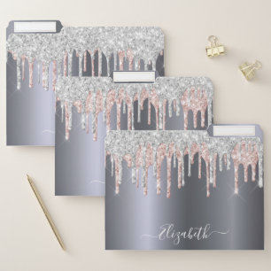 Silver glitter drips rose gold monogram school file folder