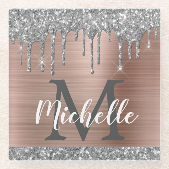 Silver Glitter Drips Rose Gold Name Monogram Glass Coaster (Front)