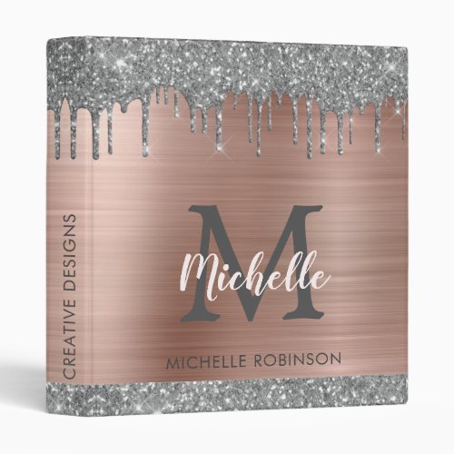 Silver Glitter Drips Rose Gold Name School Office 3 Ring Binder