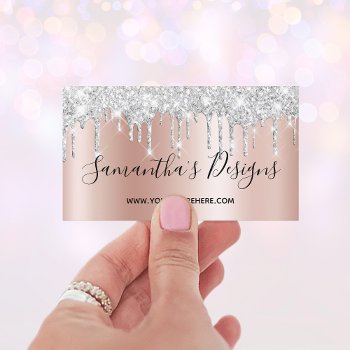 Silver Glitter Drips Rose Gold Ombre Online Store Business Card by annaleeblysse at Zazzle