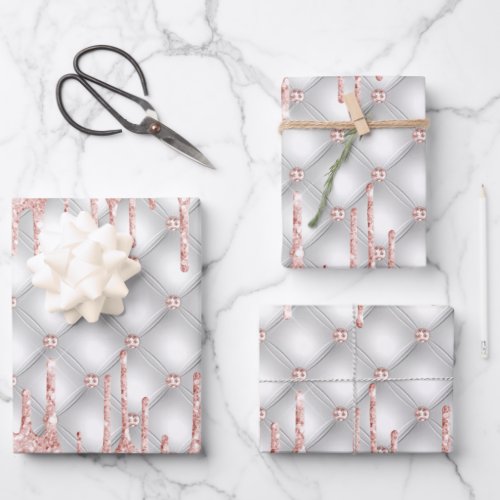 Silver glitter drips rose gold pink luxury wrapping paper sheets