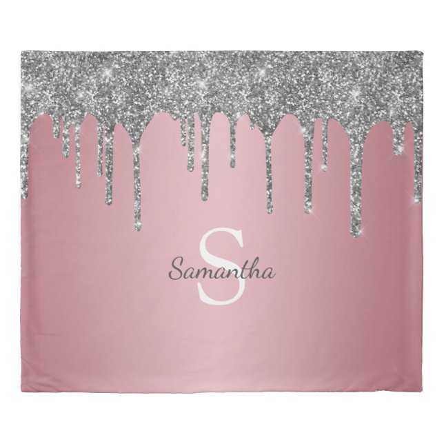 Silver Glitter Drips Rose Gold Pink Monogram Name Duvet Cover (Front)