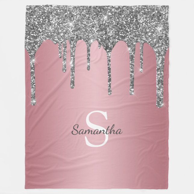 Silver Glitter Drips Rose Gold Pink Monogram Name Fleece Blanket (Front)