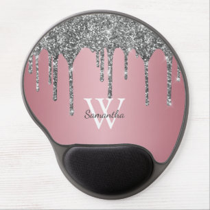 Silver Glitter Drips Rose Gold Pink Monogram Name Gel Mouse Pad