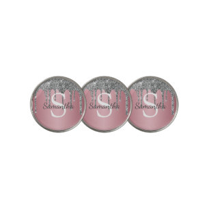 Silver Glitter Drips Rose Gold Pink Monogram Name Golf Ball Marker