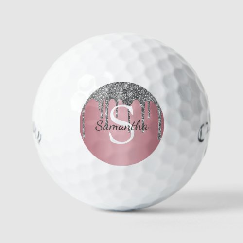 Silver Glitter Drips Rose Gold Pink Monogram Name Golf Balls