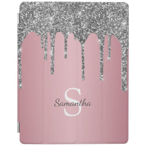 Silver Glitter Drips Rose Gold Pink Monogram Name iPad Smart Cover