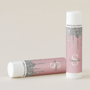 Silver Glitter Drips Rose Gold Pink Monogram Name Lip Balm