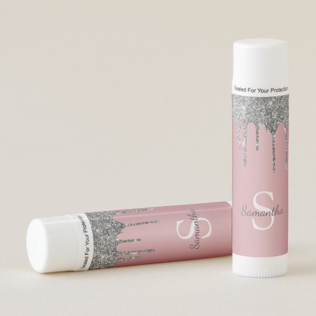 Silver Glitter Drips Rose Gold Pink Monogram Name Lip Balm (Front)