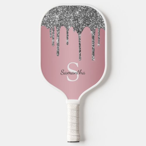 Silver Glitter Drips Rose Gold Pink Monogram Name Pickleball Paddle