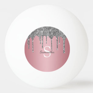 Silver Glitter Drips Rose Gold Pink Monogram Name Ping Pong Ball