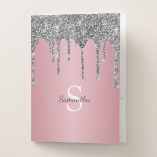 Silver Glitter Drips Rose Gold Pink Monogram Name Pocket Folder