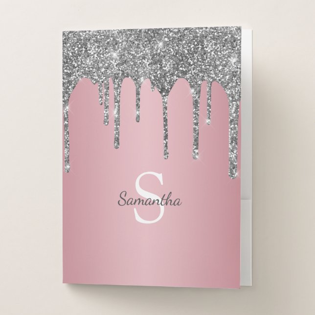 Silver Glitter Drips Rose Gold Pink Monogram Name Pocket Folder (Front)
