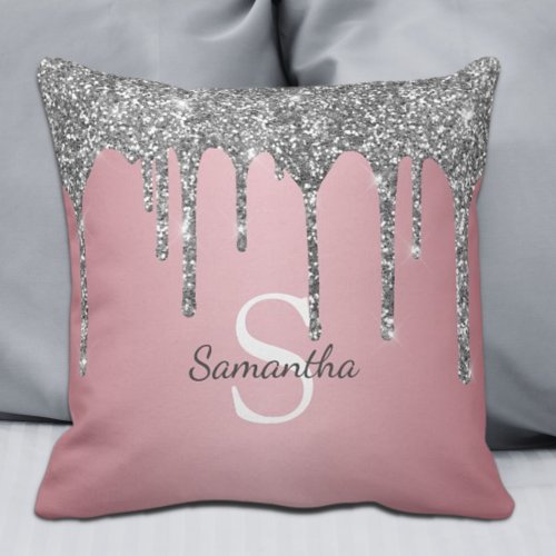 Silver Glitter Drips Rose Gold Pink Monogram Name Throw Pillow