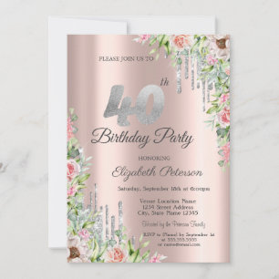 Silver Glitter Drips Rose Gold Roses 40th Invitation