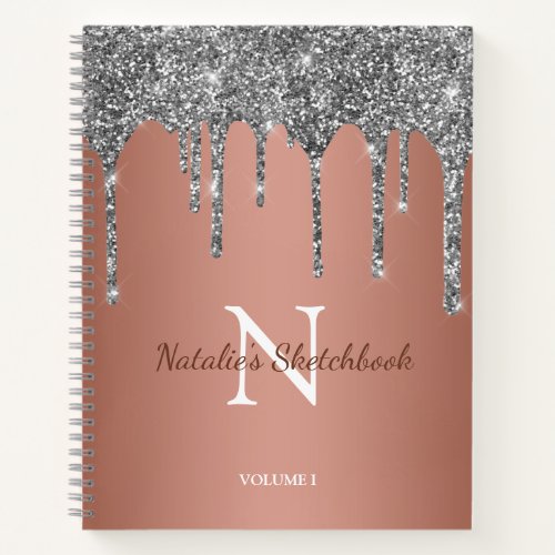 Silver Glitter Drips Rose Gold Sketchbook Notebook