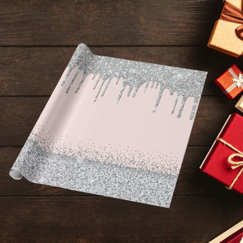 Silver glitter drips rose gold sparkle wrapping paper