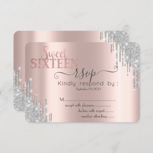  Silver Glitter Drips Rose Gold Sweet 16 RSVP   Invitation