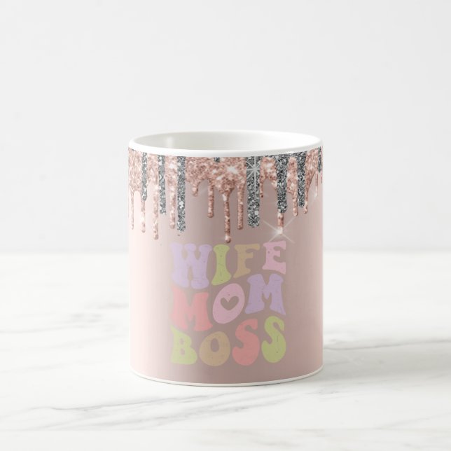 Silver Glitter Drips Rose Gold Wife Mom Boss Coffee Mug (Center)