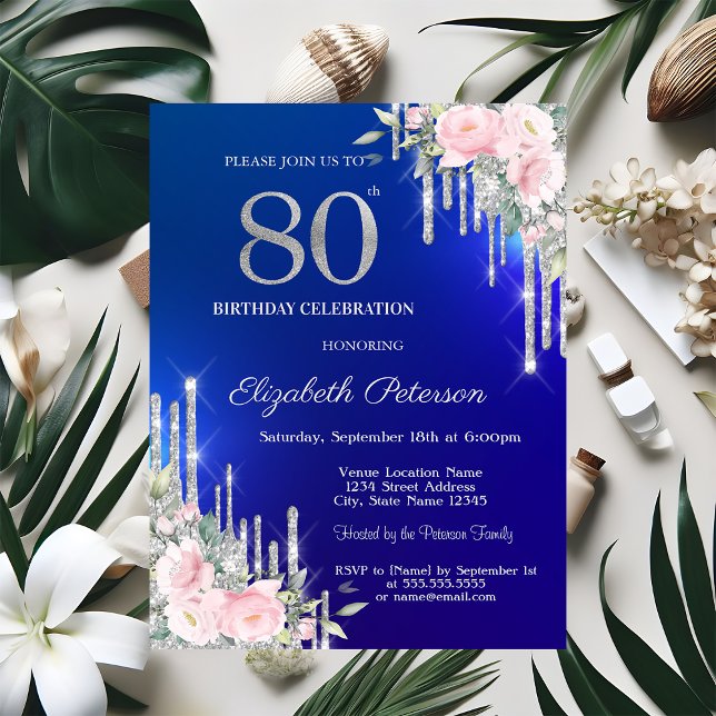 Silver Glitter Drips Roses 80th Blue Birthday  Invitation (Creator Uploaded)