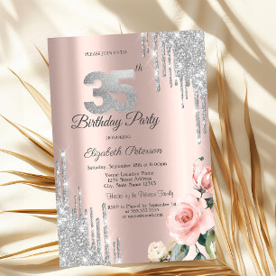 Silver Glitter Drips Roses Rose Gold 35th Invitation