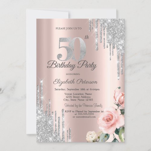Silver Glitter Drips Roses Rose Gold 50th Invitation