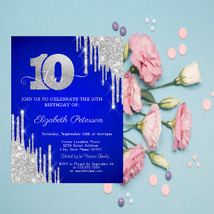 Silver Glitter Drips Royal Blue 10th Birthday Invitation