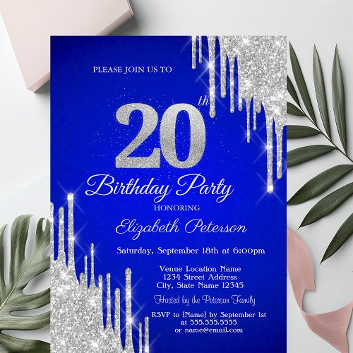 Silver Glitter Drips Royal Blue 20th Birthday 