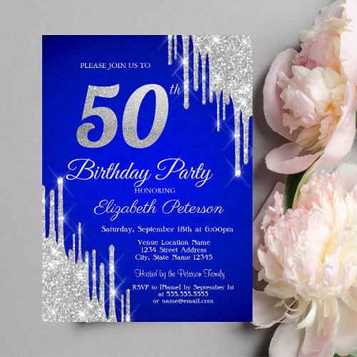 Silver Glitter Drips Royal Blue 50th Birthday  Invitation