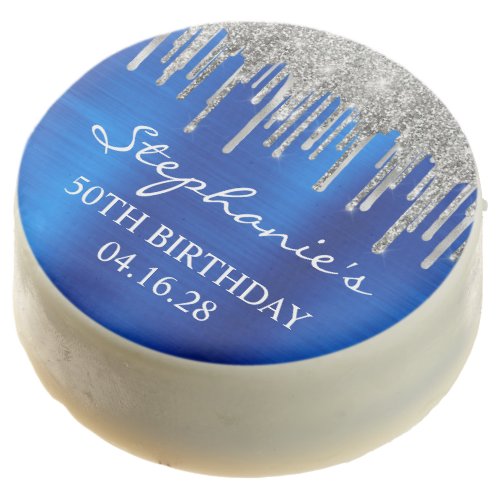 Silver Glitter Drips Royal Blue Foil 50th Birthday Chocolate Covered Oreo