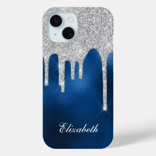 Silver Glitter Drips Royal Blue Glam Girly iPhone 15 Case