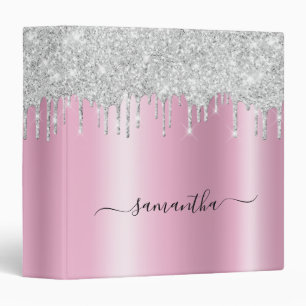 Silver Glitter Drips Shimmer Glam Name 3 Ring Binder