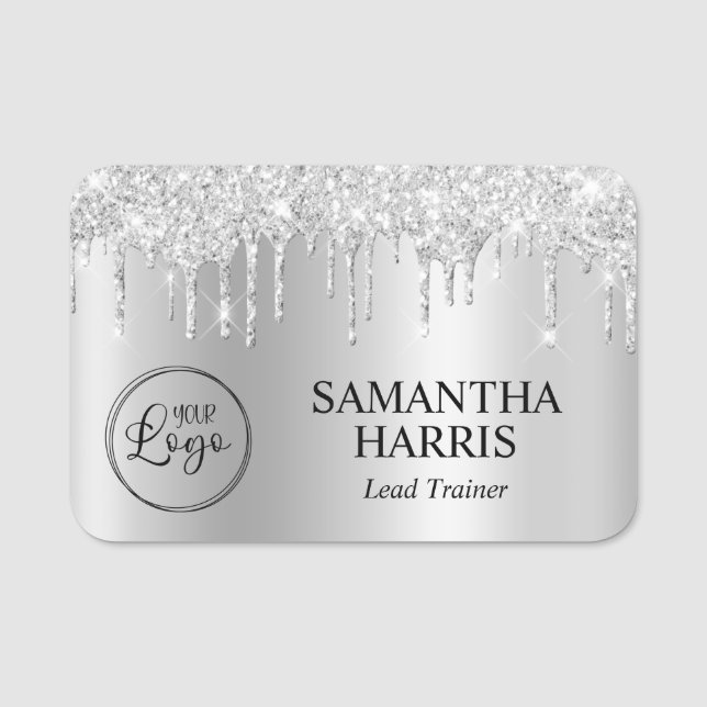 Silver Glitter Drips Shimmer Name Tag (Front)