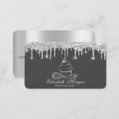 Silver Glitter Drips Silver Cupcake Bakery  Business Card