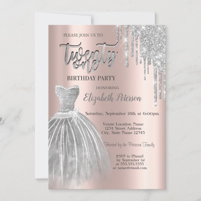 Silver Glitter Drips,Silver Dress 21st Birthday  Invitation (Front)