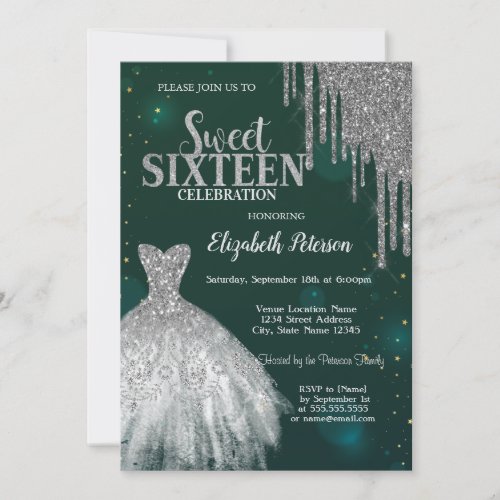 Silver Glitter DripsSilver Dress Green Sweet 16 Invitation
