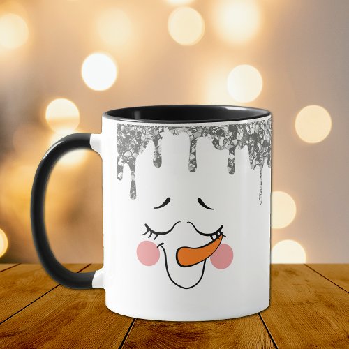 Silver Glitter Drips Snowman Face Holiday Mug