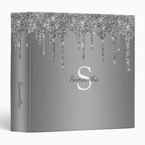 Silver Glitter Drips Sparkle Monogram Name 3 Ring Binder