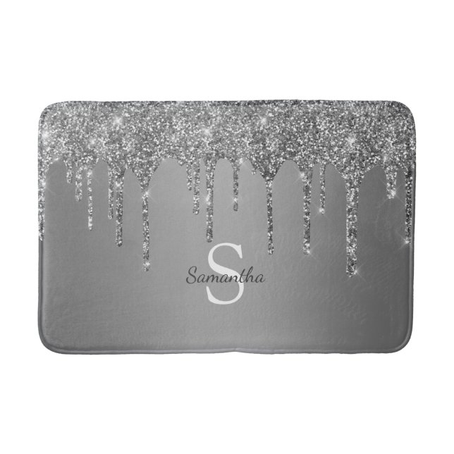 Silver Glitter Drips Sparkle Monogram Name Bath Mat (Front)