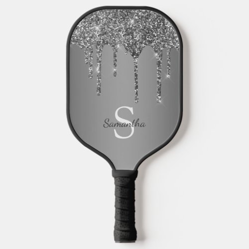 Silver Glitter Drips Sparkle Monogram Name Pickleball Paddle